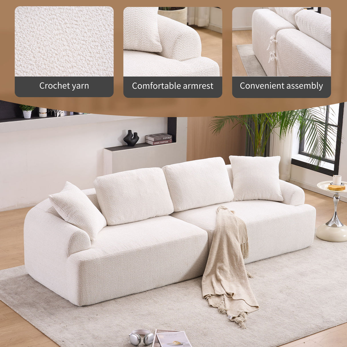 Compression Sofa: 4 Seater Combined Sofa, Crochet Yarn Fabric, Full Sponge Compression Sofa, Combined Sofa With 4 Pillows For Home Living / Home Furniture / Apartment - Beige