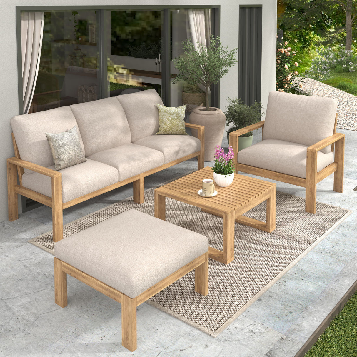 Outdoor 4 Pieces Acacia Sectional Patio Sofa Set - Light Gray / Teak