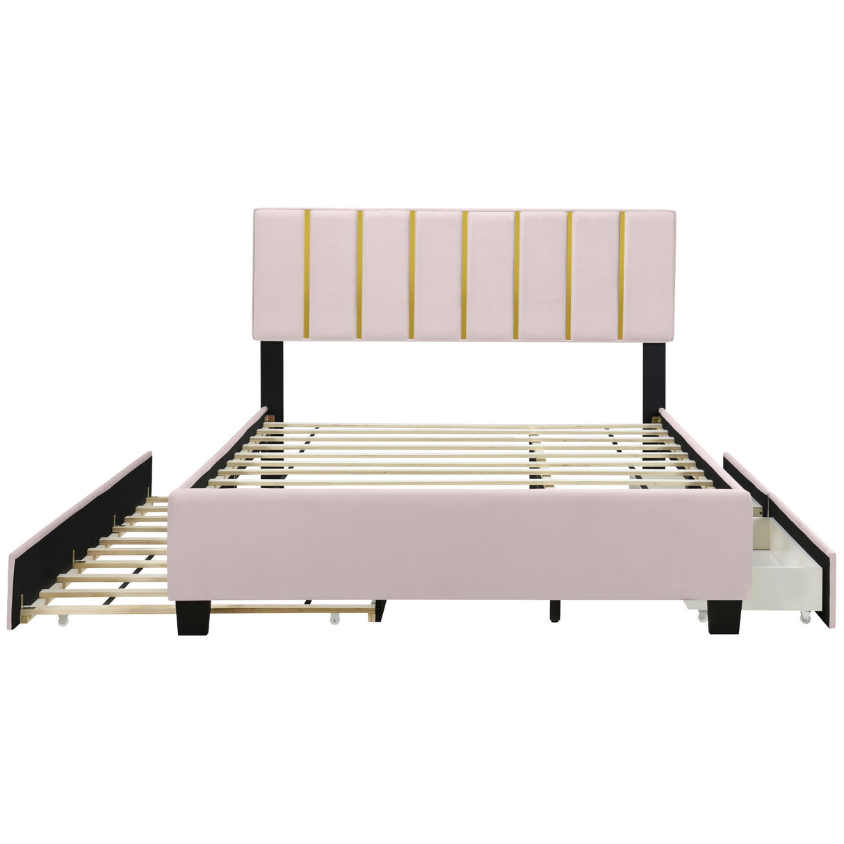 Upholstered Platform Bed With 2 Drawers And 1 Trundle, Classic Strip Headboard Design
