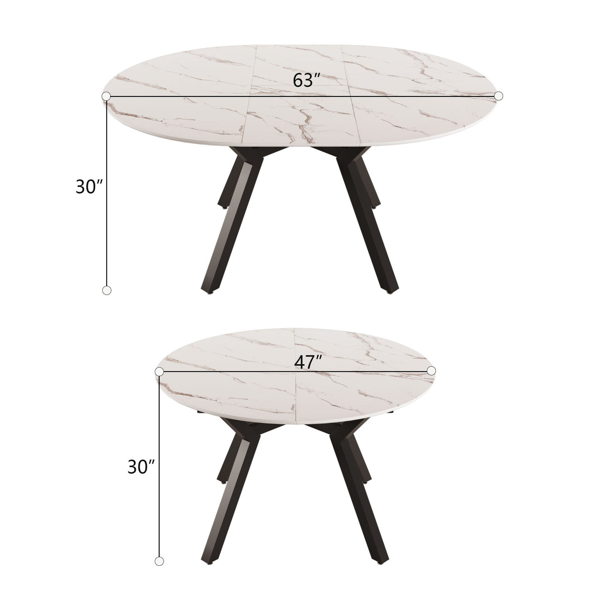 Modern Extendable White Circular Dining Table with MDF Top and Metal Legs for 4-6 Persons