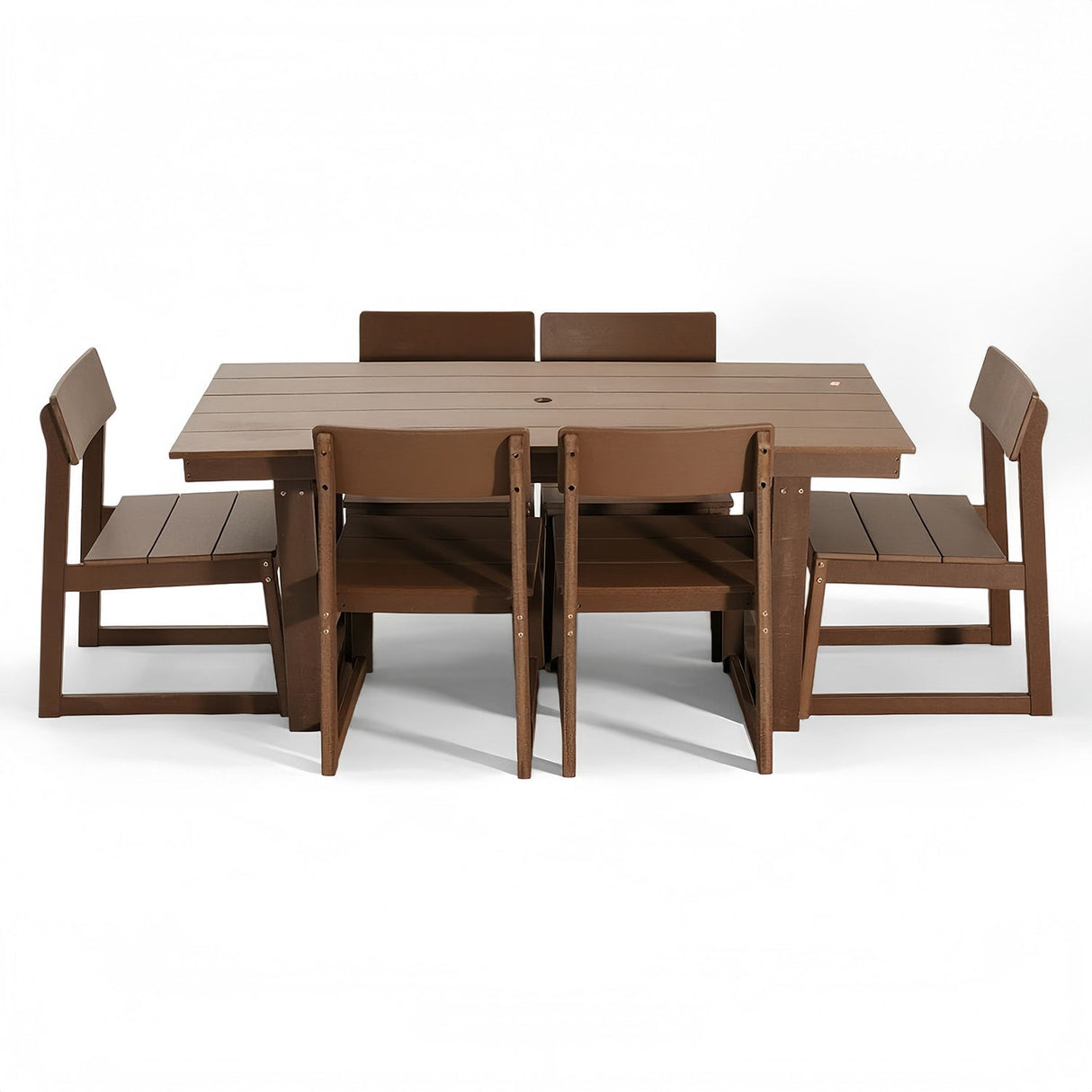 7 Piece Outdoor Dining Set For 6, Table With Umbrella Hole & 6 Armless Chairs For Backyard - Brown