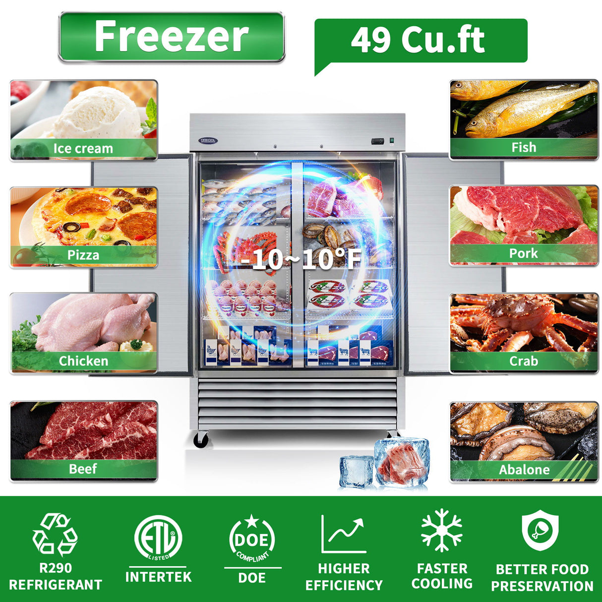 54" Commercial Freezer 49 Cu.Ft With 2 Solid Door Reach-In Freezers Stainless Steel Etl Approved Upright Freeze Storage - Silver
