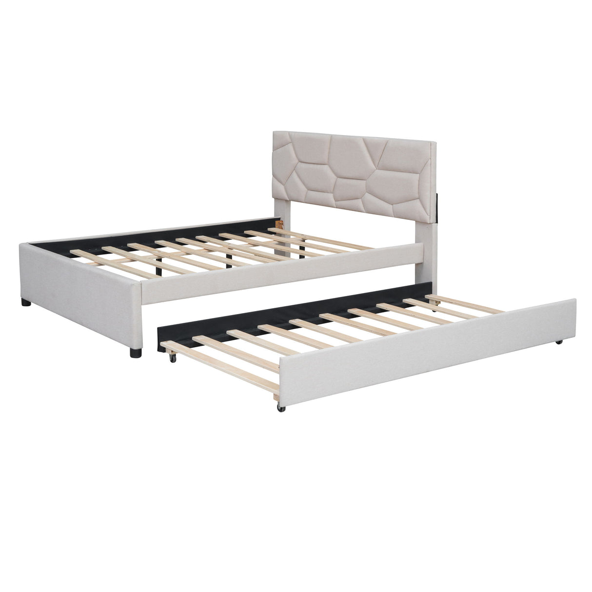 Upholstered Platform Bed With Brick Pattern Headboard And Twin Long Size Trundle
