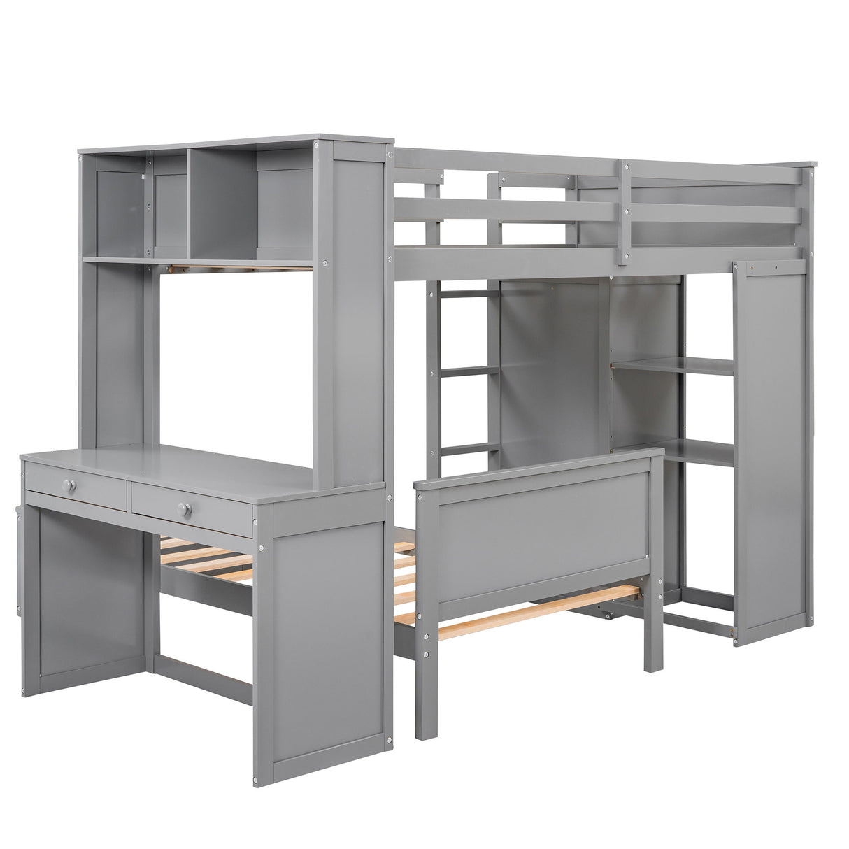 Loft Bed With A Stand Alone Bed, Shelves, Desk, And Wardrobe