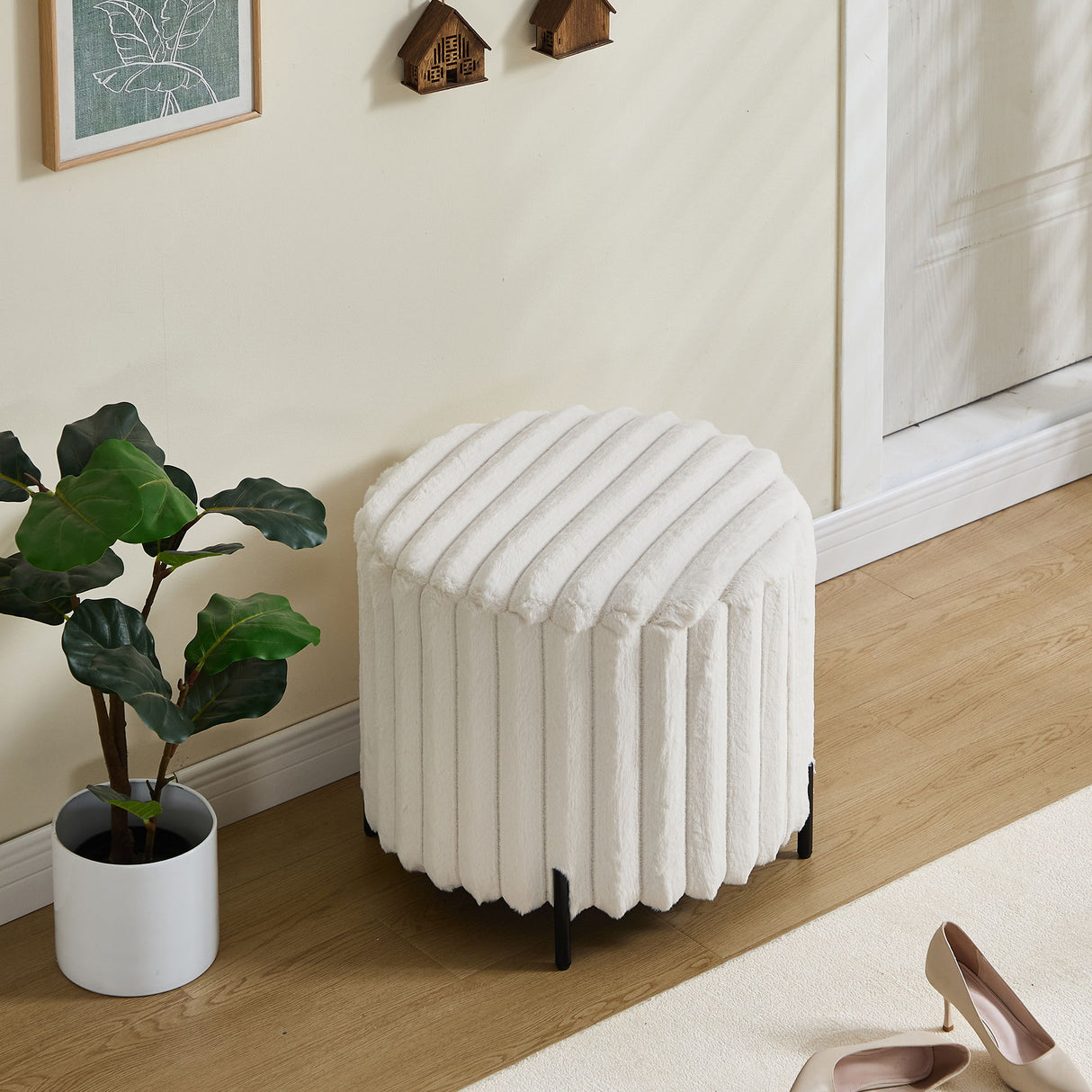 Wide Upholstered Round Pouf Ottoman Foot Rest