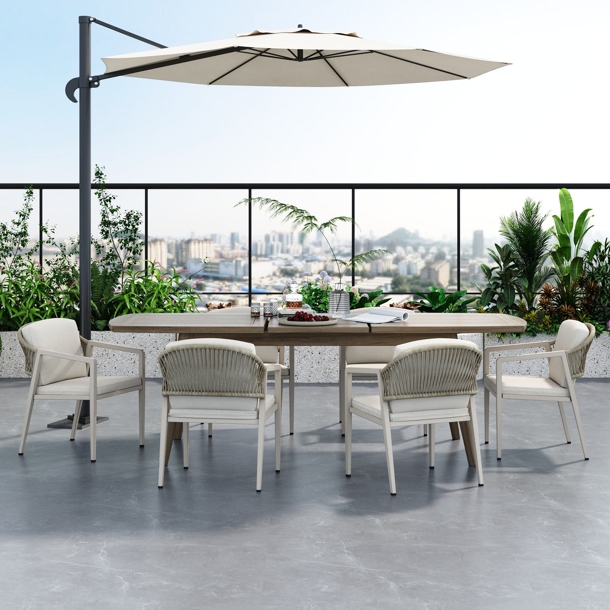 Modern Outdoor Dining Set With Expandable Acacia Wood Table