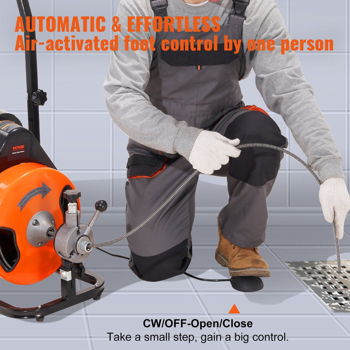 Drain Cleaning Machine 100Ft X 3/8" Auto Feed Sewer Snake - Orange