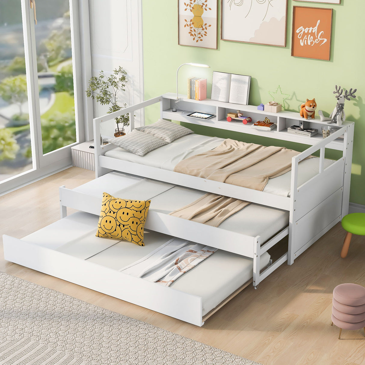 Daybed With 2 Trundles, 3 Storage Cubbies, Built In USB Charging Light