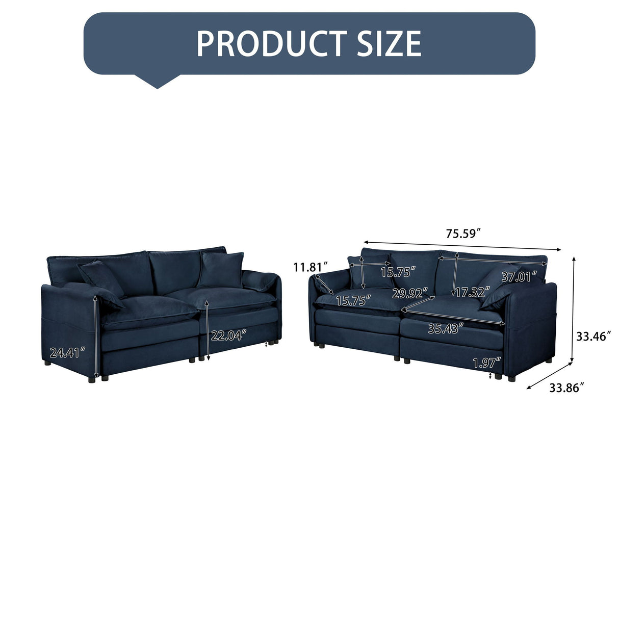 Modern Chenille Oversized Deep Seat Luxury 2 Piece Sofa Set With 4 Pillows
