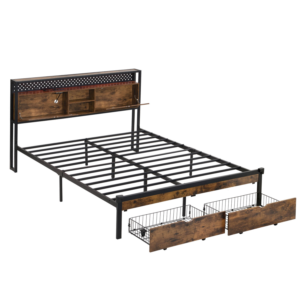 Modern Metal Platform Bed Frame With Wooden Headboard, USB Charging Station, Storage Drawers