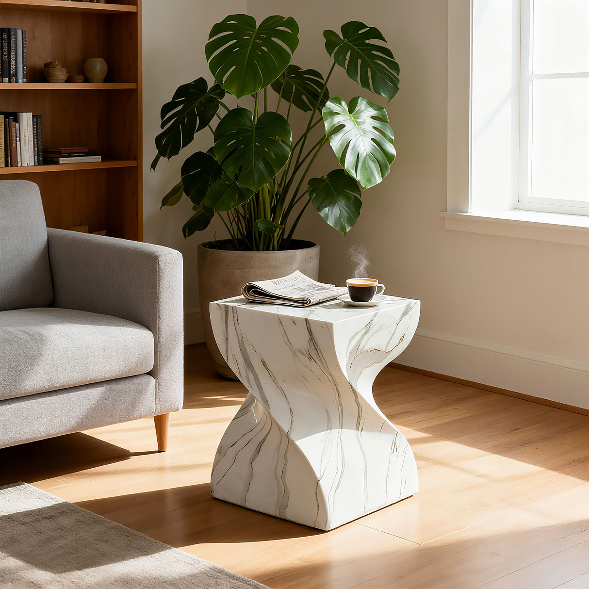 Outdoor End Table, Round Side Table For Patio And Garden - Marble