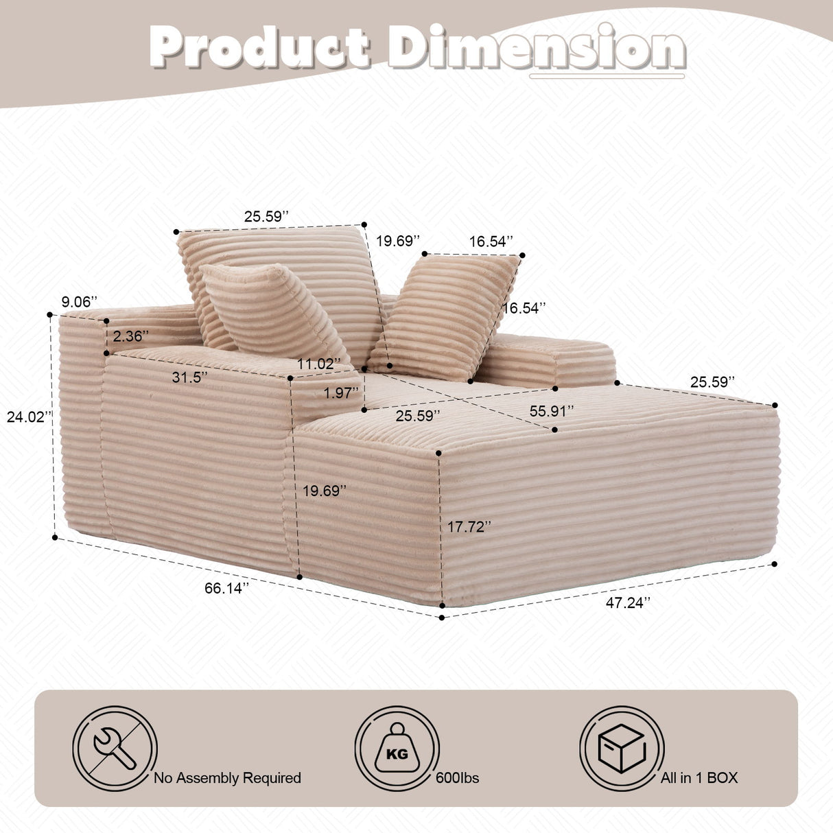 Oversized Chaise Lounge Chair Cozy Cloud Couch With 3 Throw Pillows And Wide Armrest