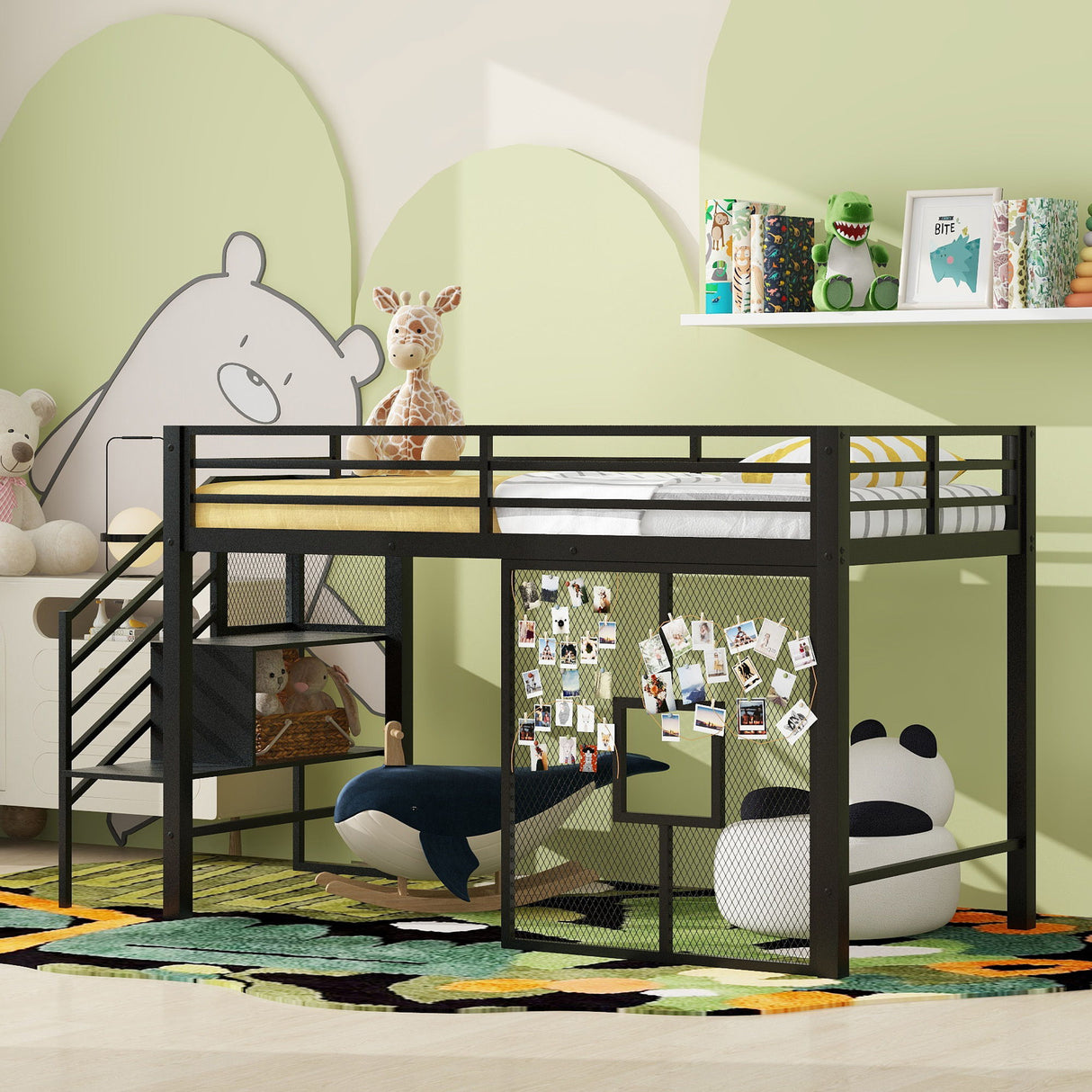 Twin Low Loft Bed Frame With Storage Staircase - Black