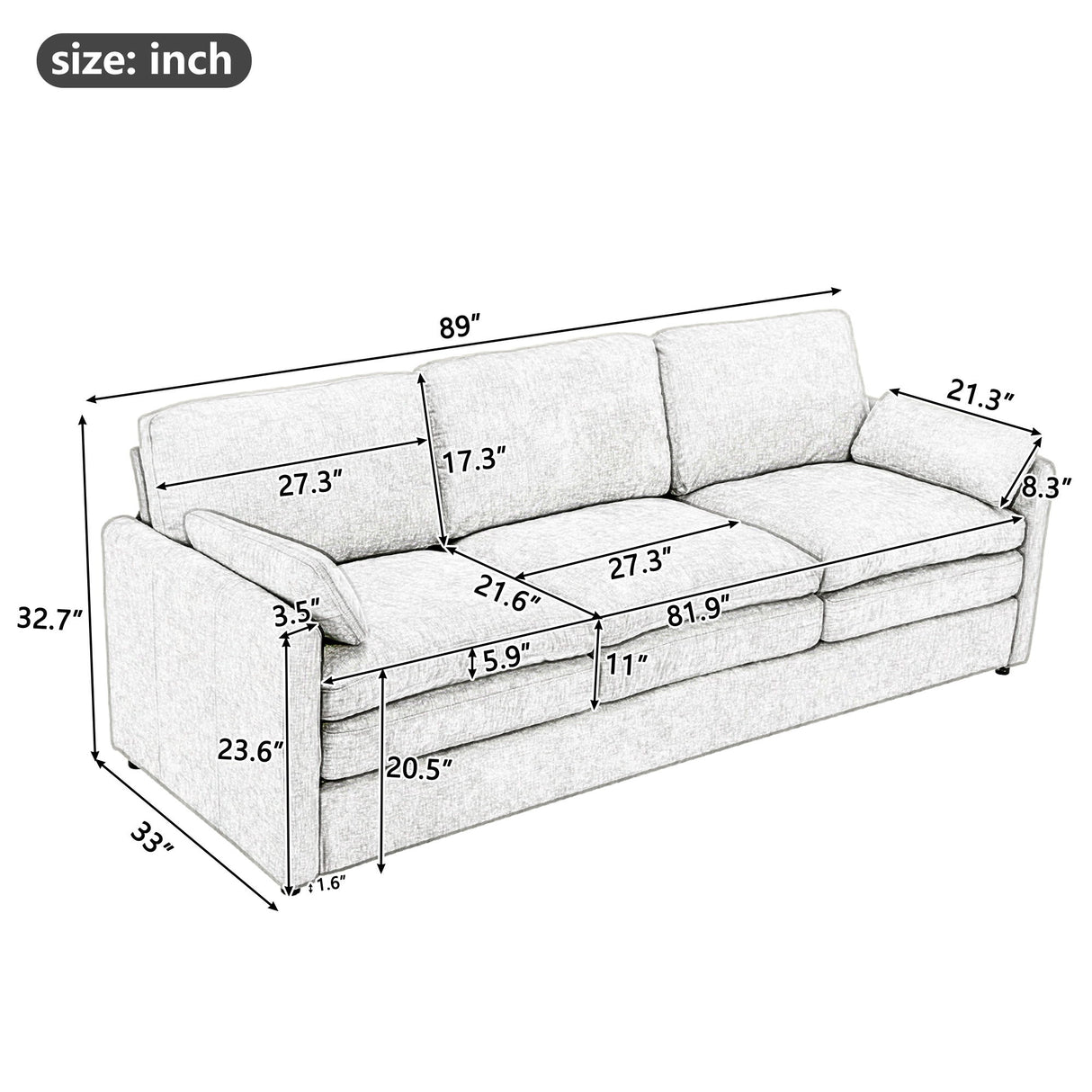 Cozy Upholstered 3 Seater Sofa Plush Cushion For Living Room