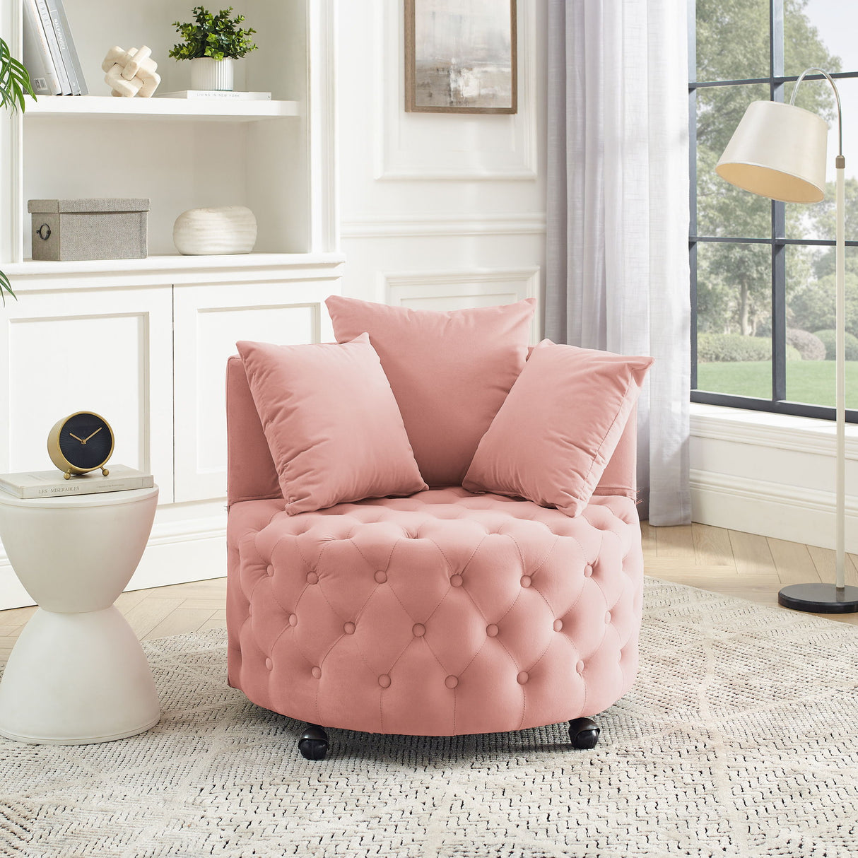 Modern Upholstered Swivel Chair With Button Tufted Design And Movable Wheels