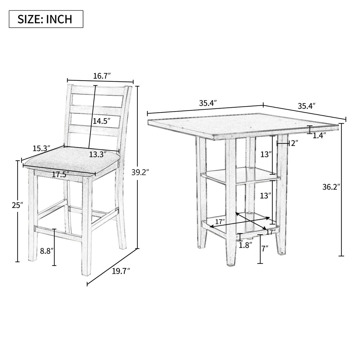 5 Piece Wooden Counter Height Dining Set With Padded Chairs, Storage Shelving