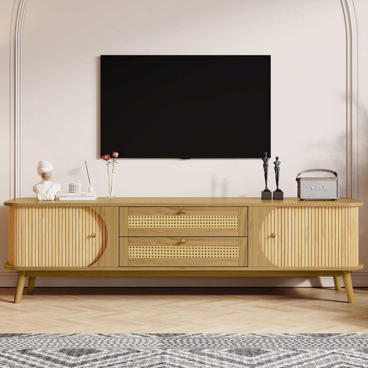Rattan TV Stand For Tvs Up To 75'', Modern Farmhouse Media Console, Entertainment Center With Legs, TV Cabinet For Living Room, Home Theatre - Natural Wood