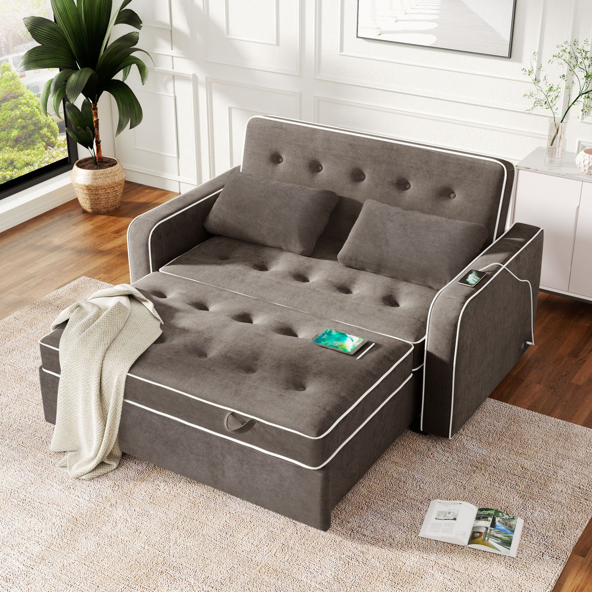 Upholstered Sleeper Bed Sofa With Dual USB Charging, Adjustable Backrest