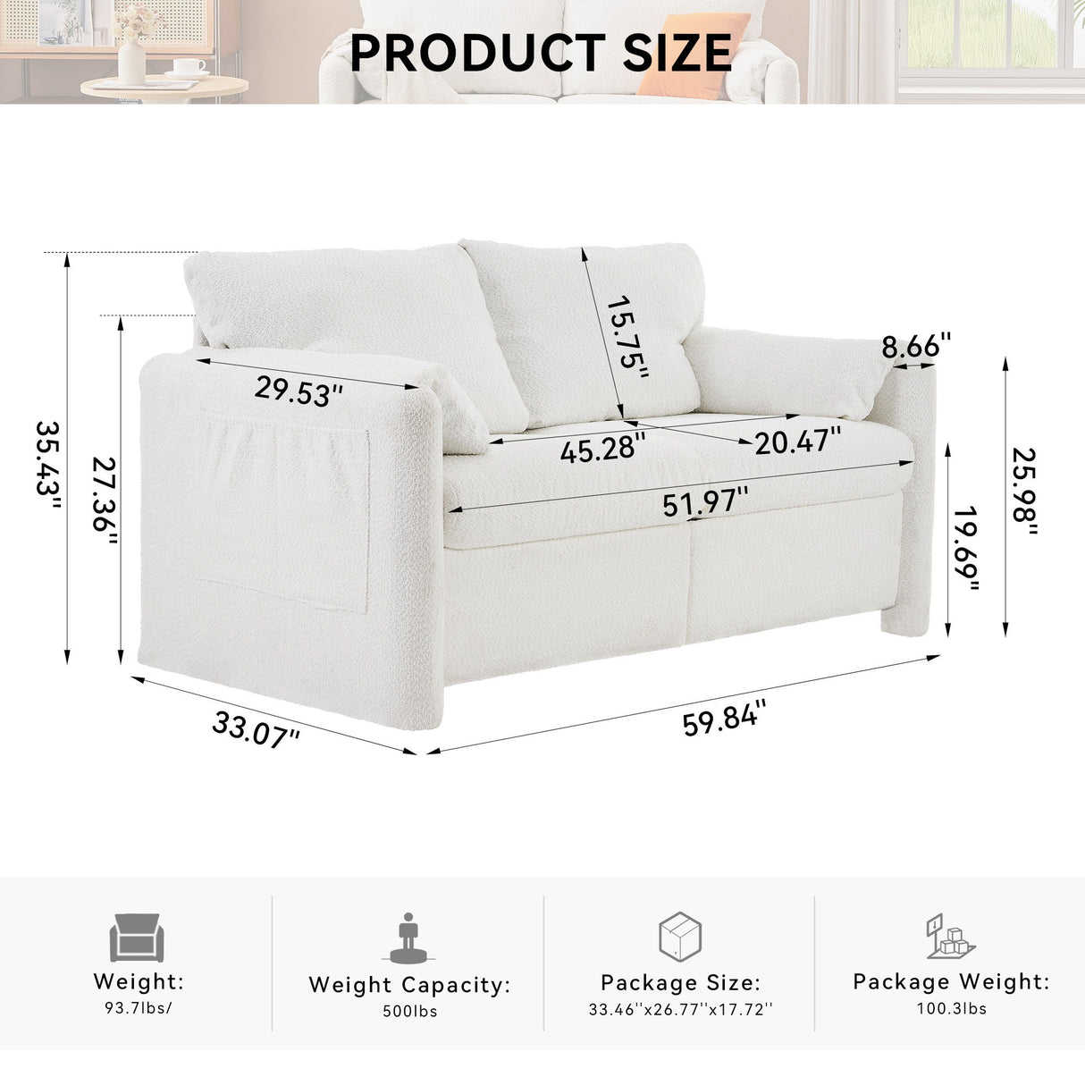 Modern Loveseat Sofa 2 Seater Plush Chenille Fabric Couch With High Density Foam Cushions - Ivory White