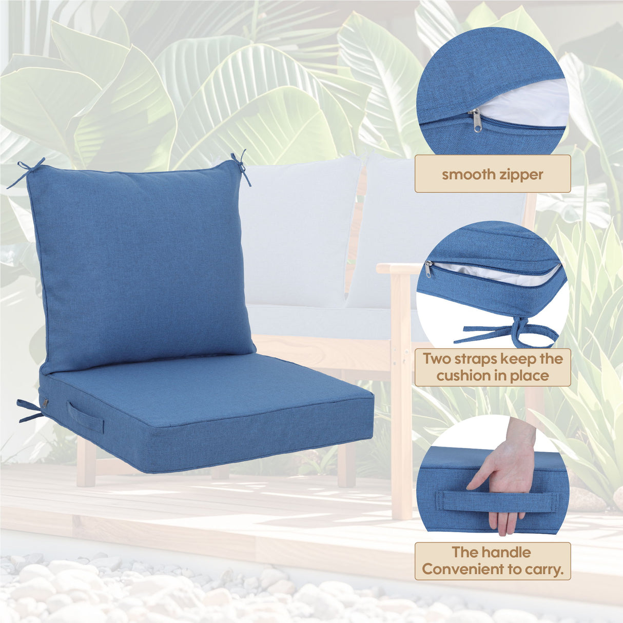 Outdoor Deep Seat Cushion Set Waterproof Fade Resistant Patio Furniture Cushions, Removable Covers, Adjustable Straps & Handles - Navy Blue