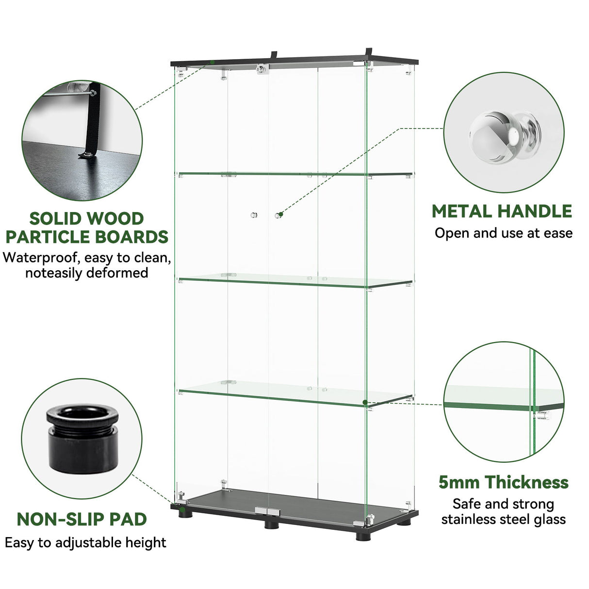 Modern Glass Display Cabinet With 4 Shelf Double Doors And Lock, Tempered Glass Bookshelf For Living Room - Black