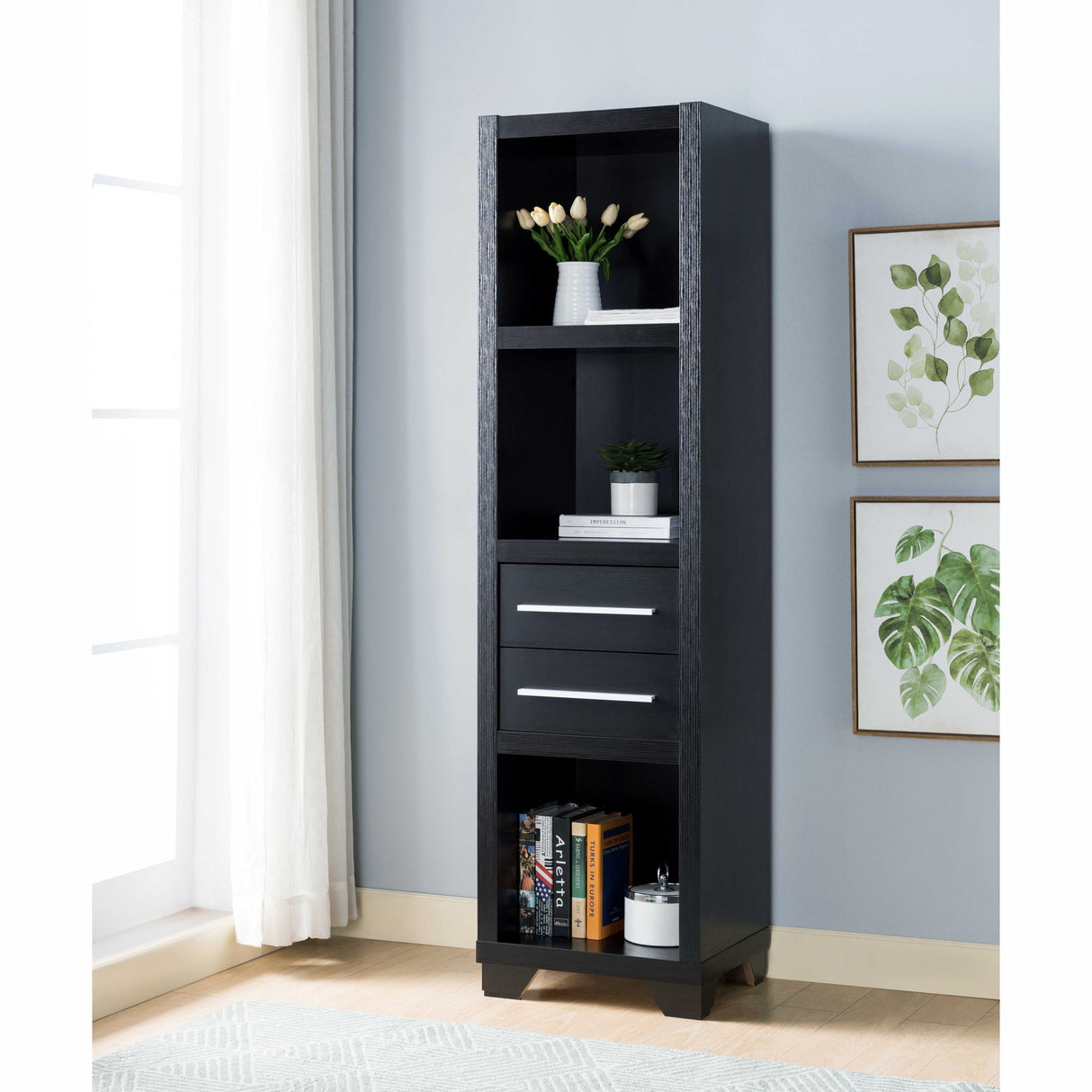 Media Pier, Bookcase Display With 2 Drawers, Open Storage Compartments