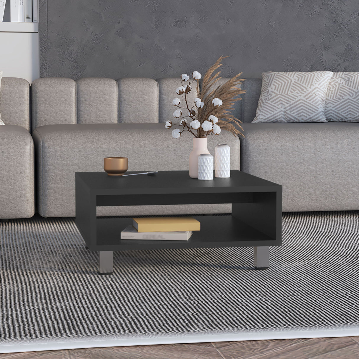 Coffee Table 1 Shelf, 4 Legs - Black