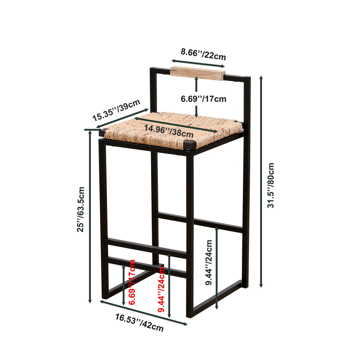Water Hyacinth Woven Bar Stools With Back Support, Counter Height Dining Chairs (Set of 2) - Natural