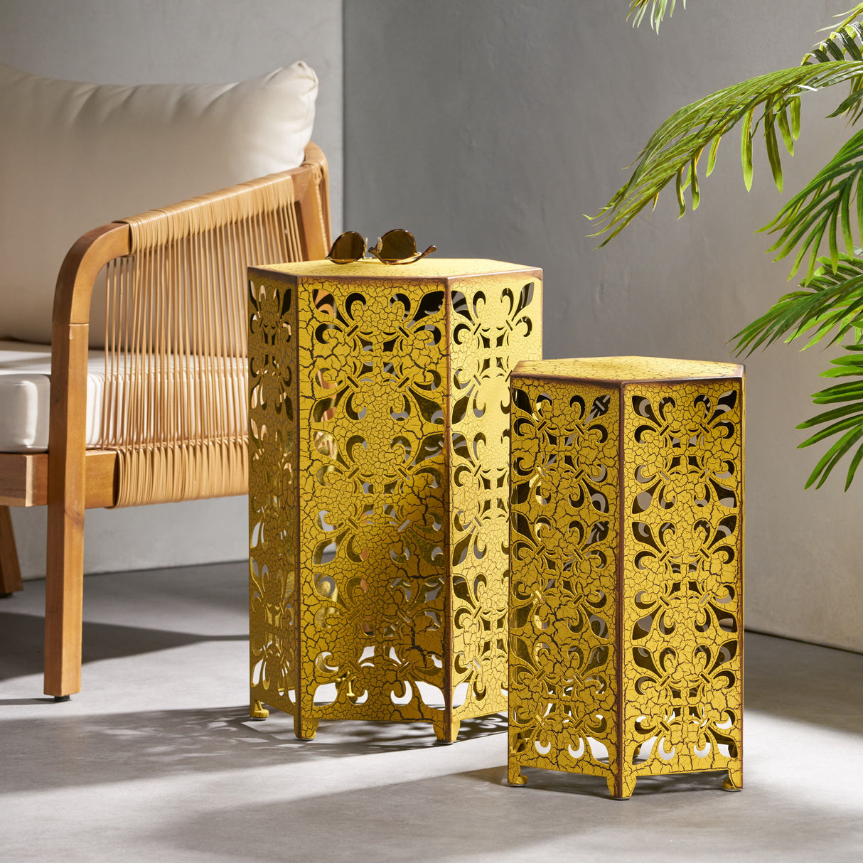 Outdoor Hexagonal Accent Table Set With Charming Fleur De Lis Panel Sides - Antique Yellow