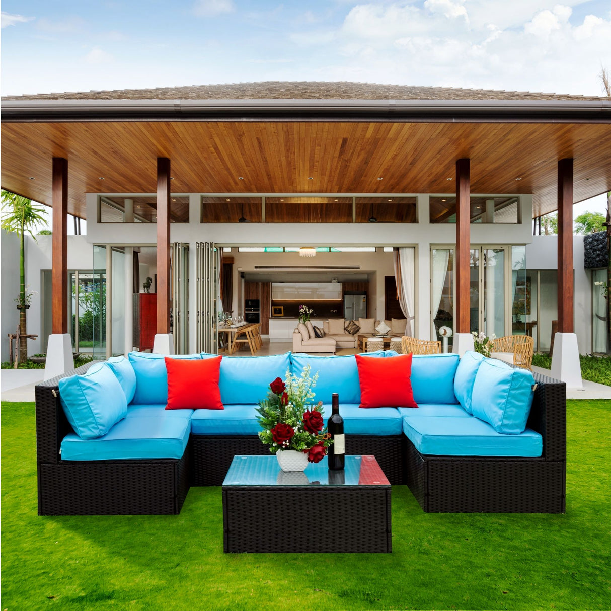 5 Pieces Rattan Sectional Outdoor Furniture Cushioned U Sof Set With 2 Pillow - Black / Blue