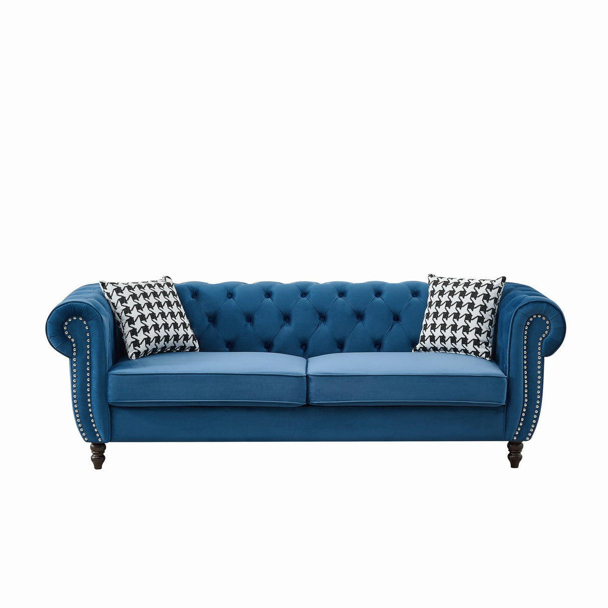 Mid Century Chesterfield Velvet Fabric Sofa With Roll Armrest & Nailhead, Blue, 87 Inches