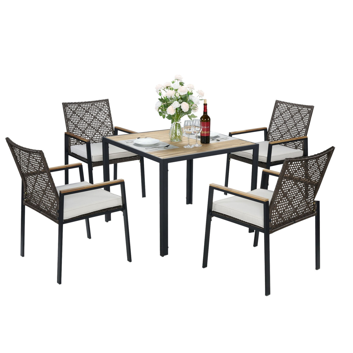 5 Piece Patio Dining Table Set, Acacia Wood Table Top With Umbrella Hole