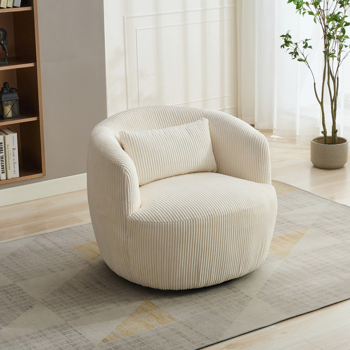 Wide Upholstered Corduroy 360° Swivel Barrel Soft Chair With Pillow