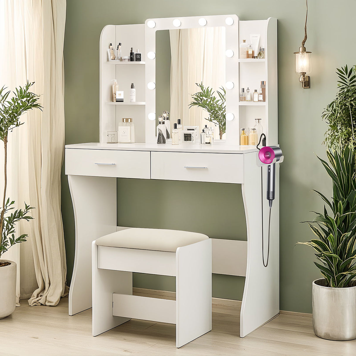 Vanity Desk Set With Mirror & Adjustable Lights Power Outlet And Hair Dryer Rack 2 Drawers And 6 Shelves Includes Cushioned Stool - White