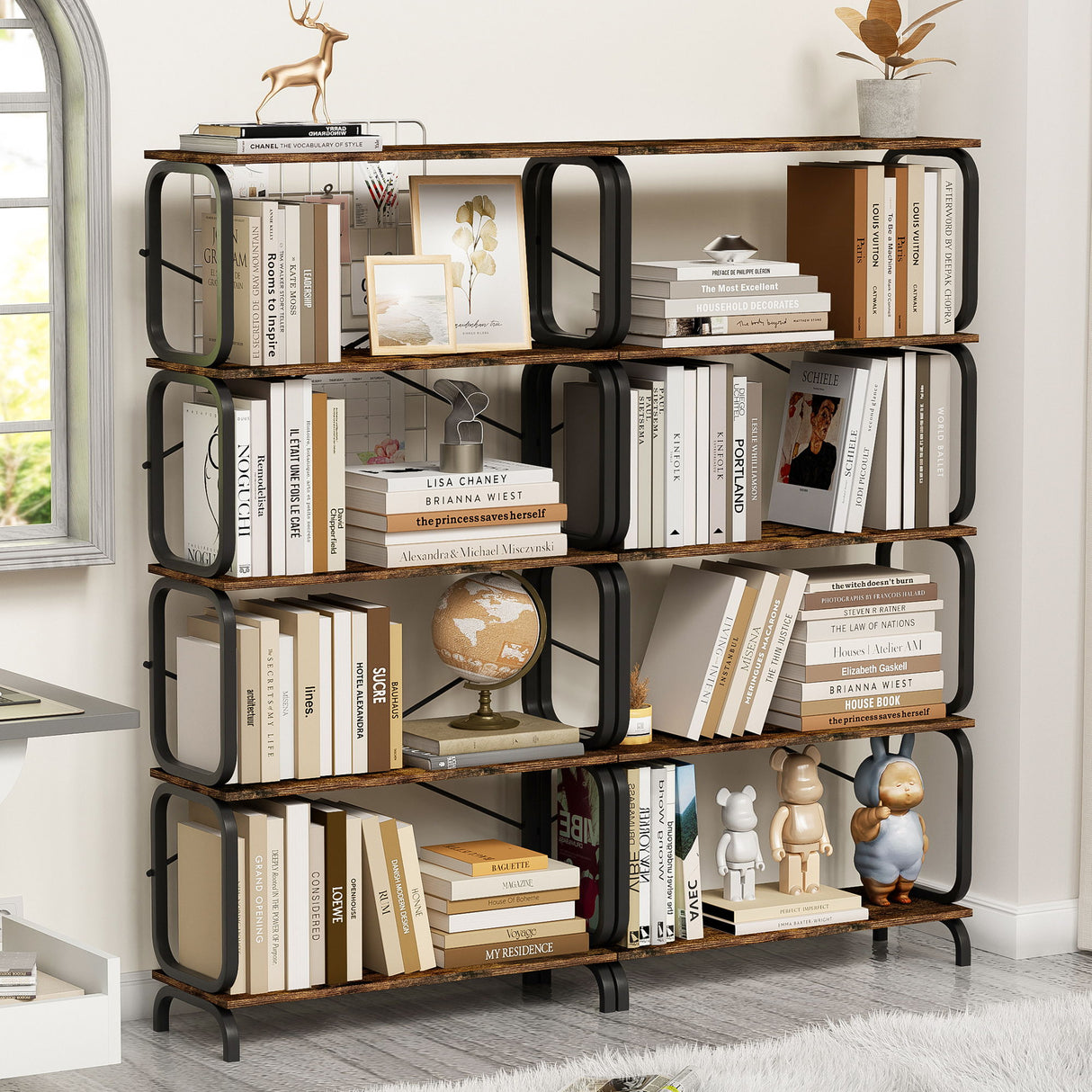 5 Tier Industrial Bookshelf, Tall Bookcase With Open Design, Vintage Storage Organizer