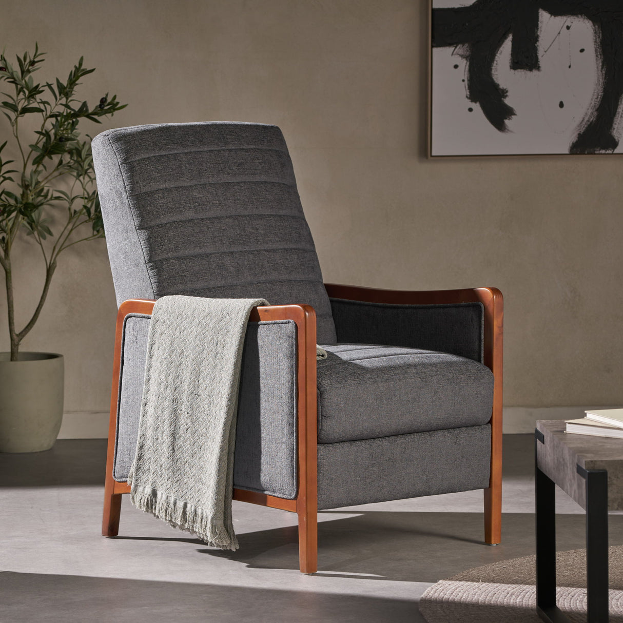 Mendota - Mid Century Modern Fabric Channel Stitch Wood Pushback Recliner - Gray