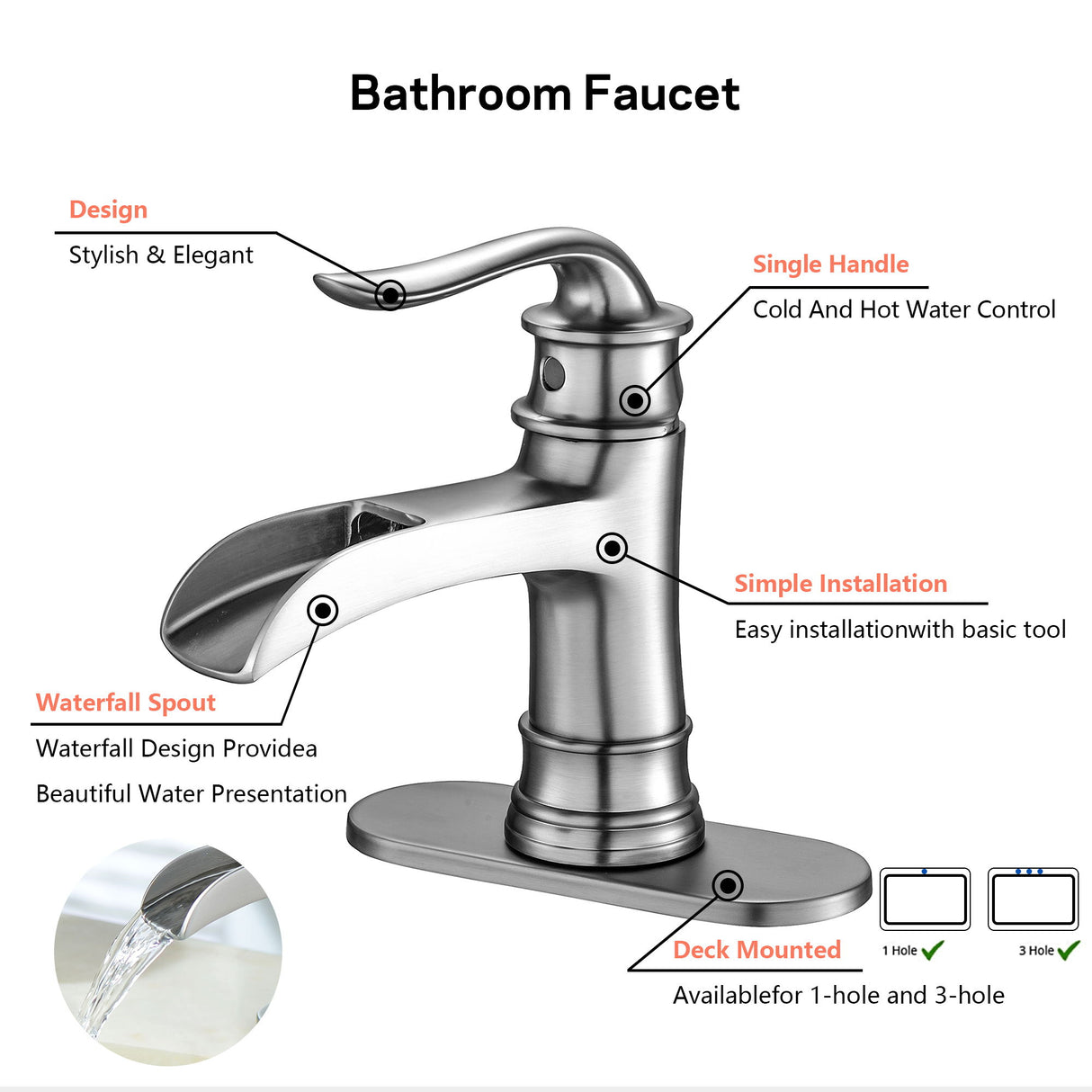 Waterfall Spout Bathroom Faucet With Single Handle And Pop Up Drain - Brushed Nickel