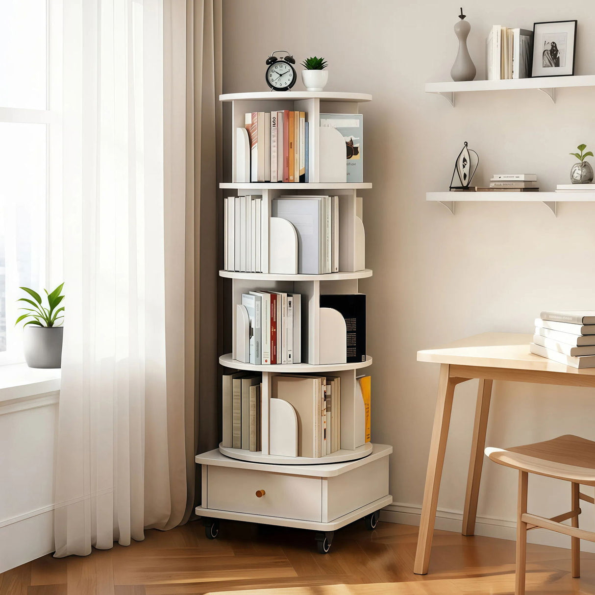 Rotating Bookshelf With Wheels And Drawer, 360° Spinning Design, Space Saving Storage