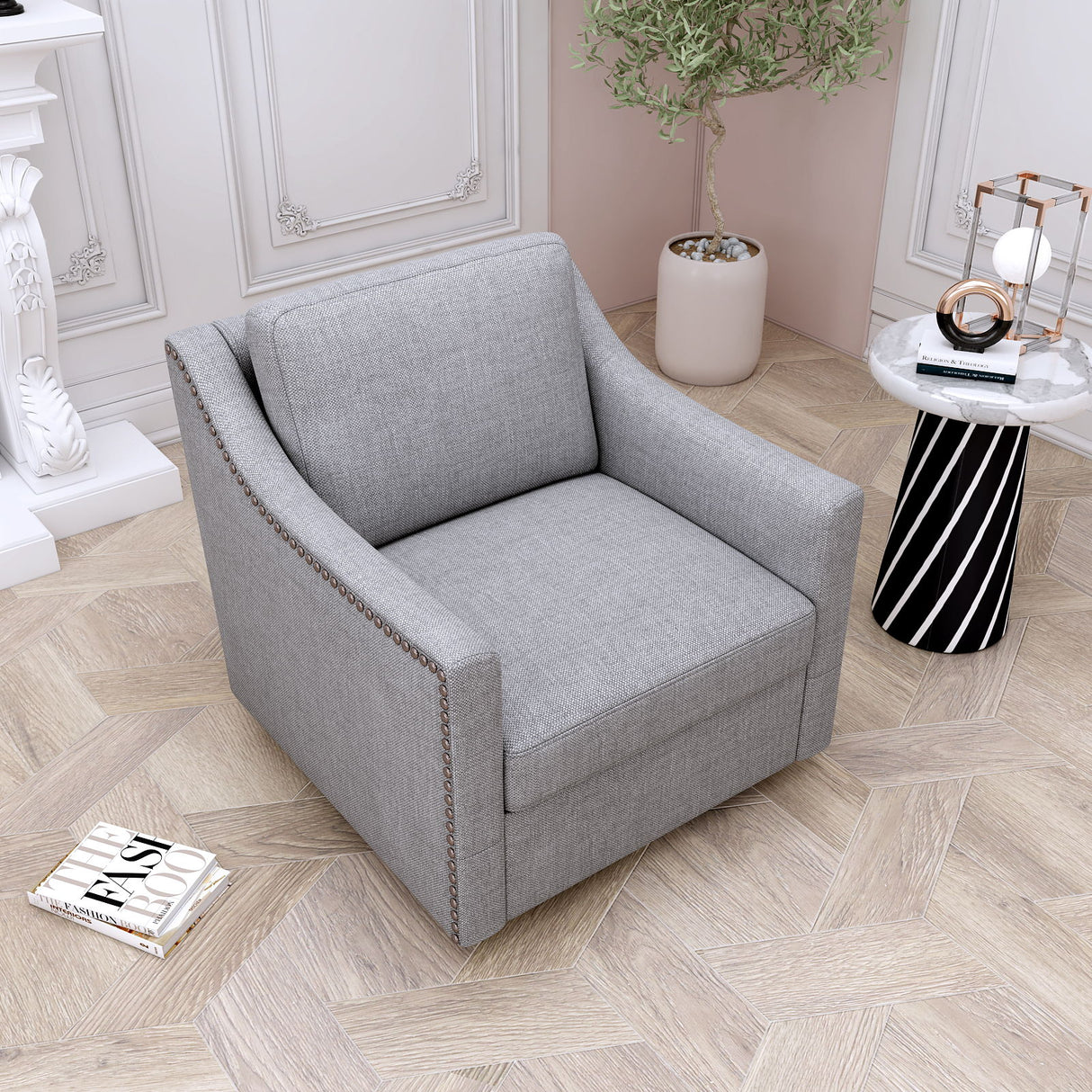 360 Degree Swivel Armchair, Skin Friendly Fabric, Ergonomic Design, Brass Nail Decorative Armchair