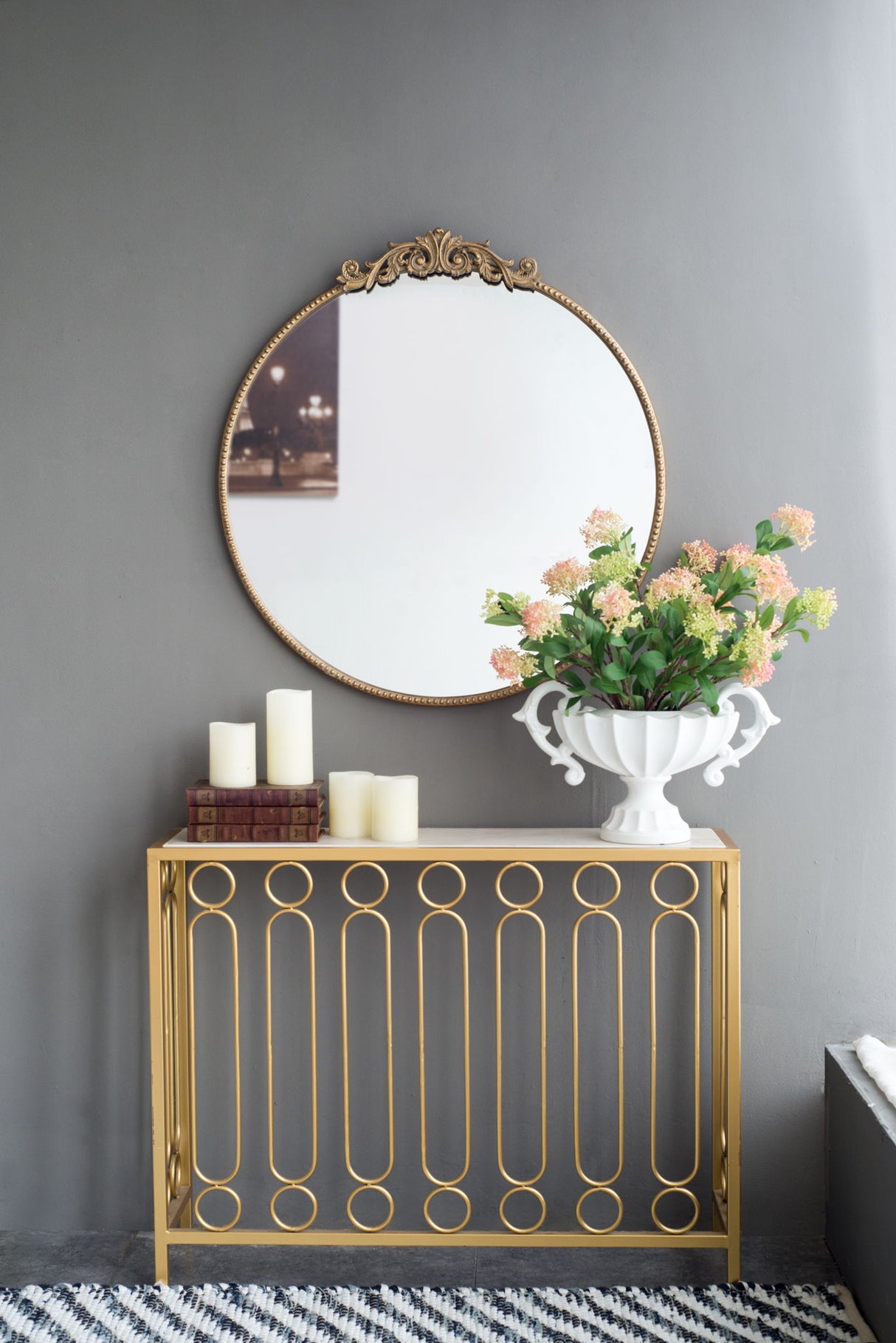Classic Design Mirror With Baroque Inspired Frame For Bathroom, Entryway Console Lean Against Wall