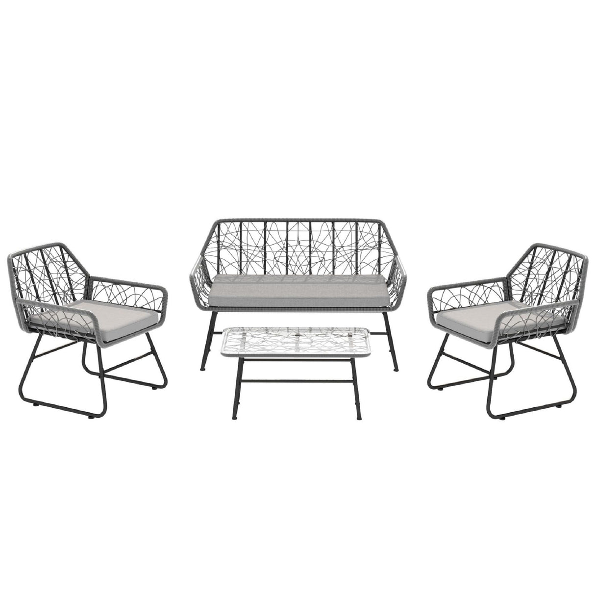 4 Piece Wicker Patio Furniture Set With Tempered Glass Table And Detachable Cushions