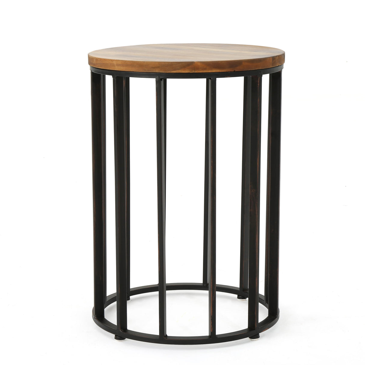 Outdoor Cylindrical Side Table With Round Solid Wood Top And Metal Frame - Natural