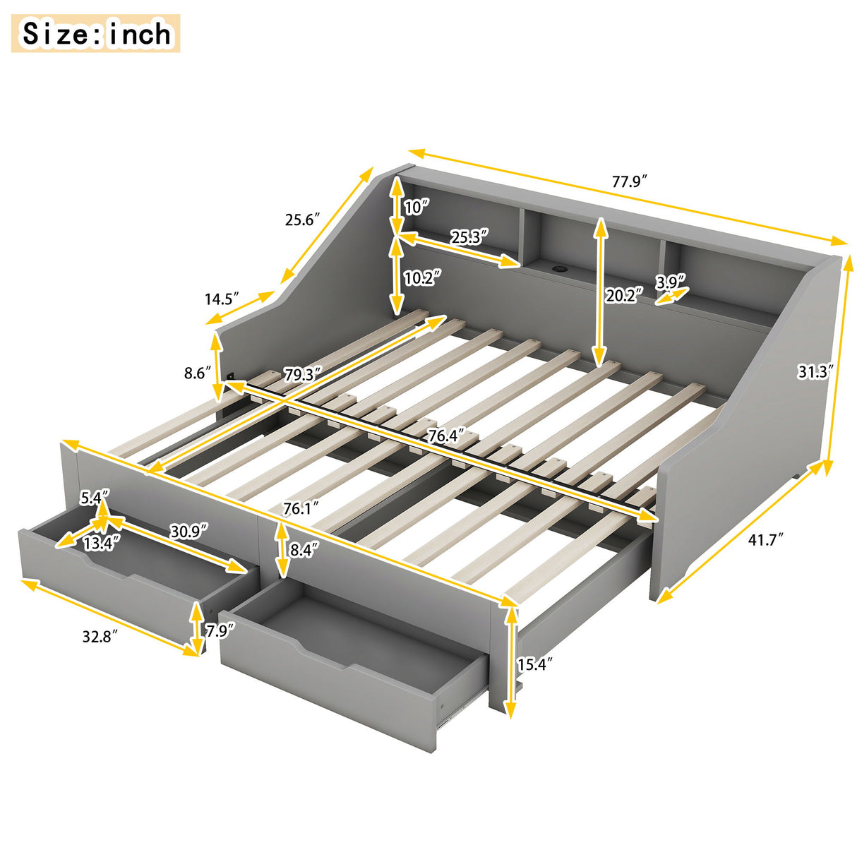 Daybed Frame With Storage Bookcases, 2 Drawers, Charging Station