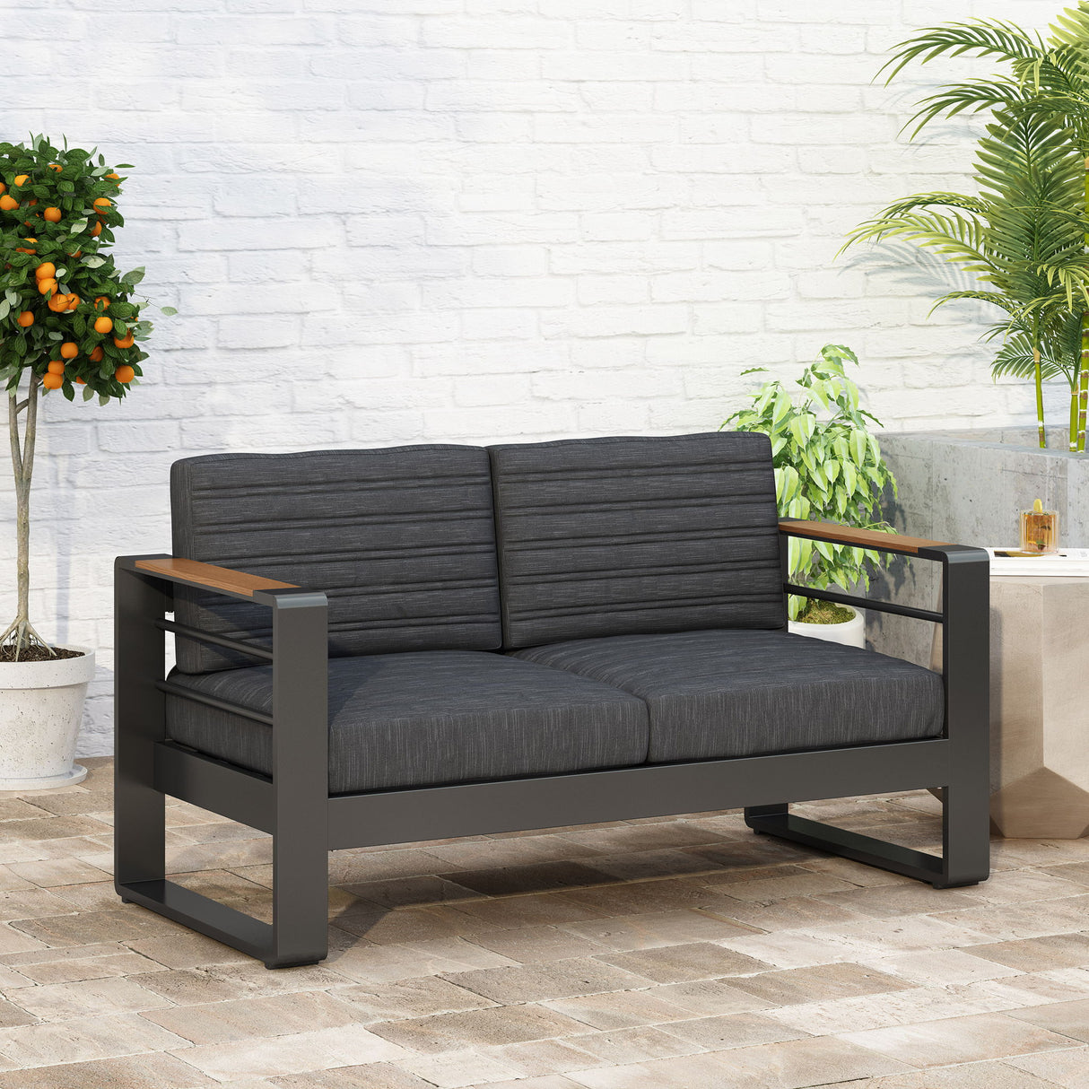 Loveseat With Slat Paneling And Aluminum Frame - Black