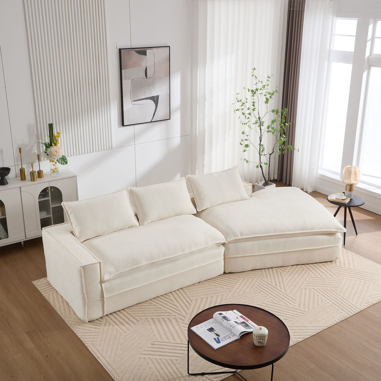 Modern Minimalist Modular Sectional Sofa With Deep Seats And Right Facing Chaise