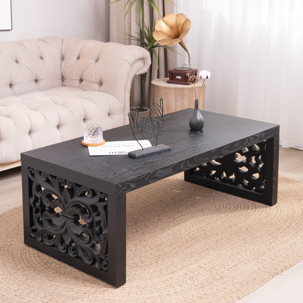 Rustic Carved Wood Coffee Table, Handcrafted Look With Ornate Side Panels