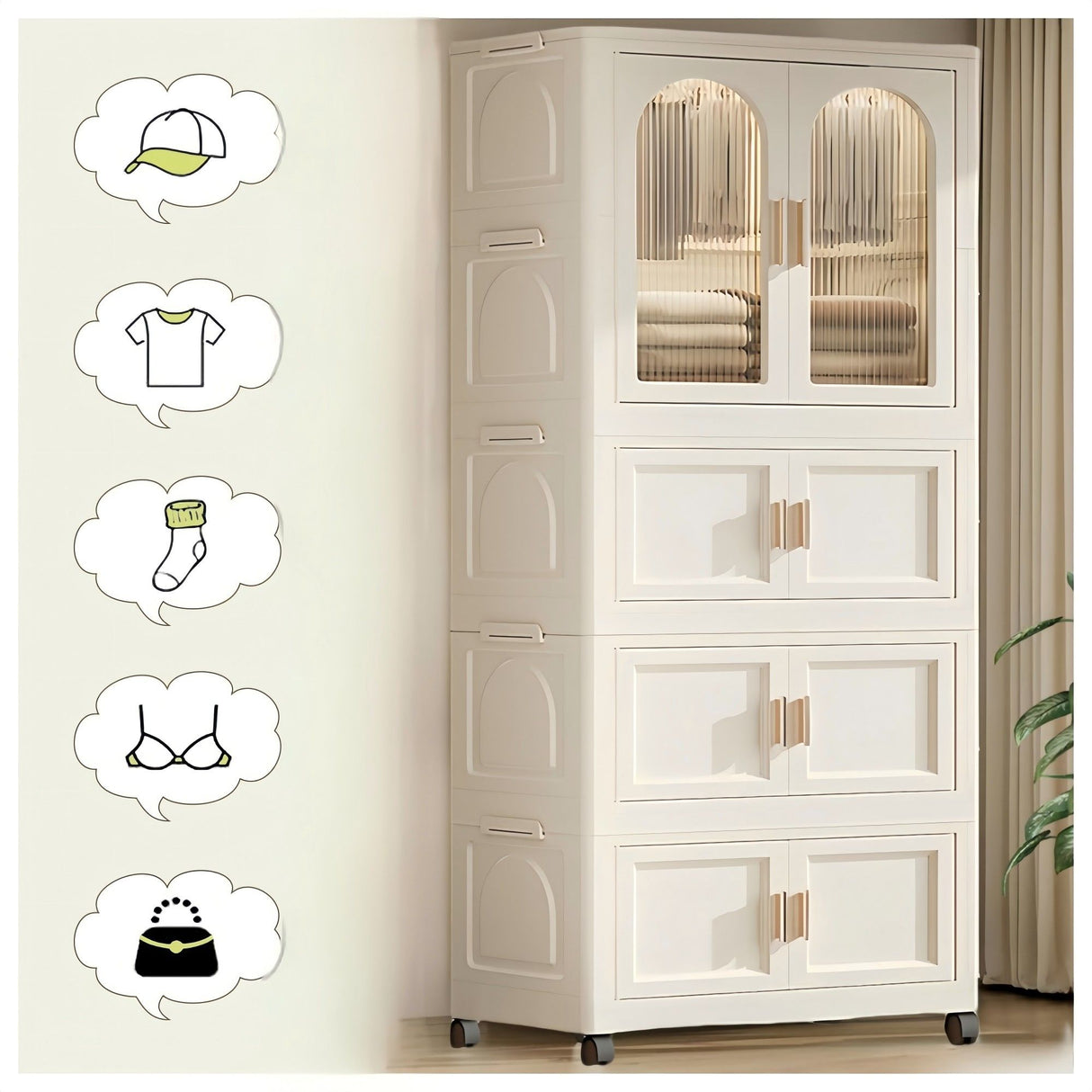 Folding Wardrobe Cabinet With Magnetic Doors, Wheels And Hangers