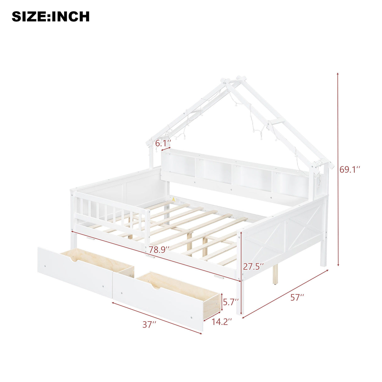 House Style Platform Bed With LED Lights, Storage Shelves, Drawers, And Guardrail