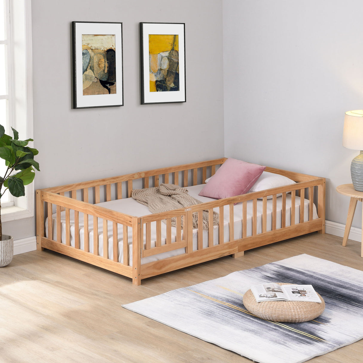 Solid Floor Bed With Door And Fence For Children