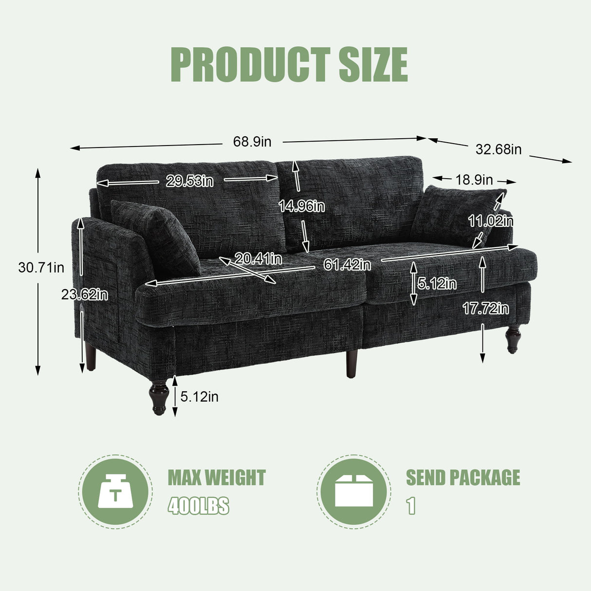 Chenille 2 Seater Sofa With LED Light, USB Charging Port, And Storage Bag